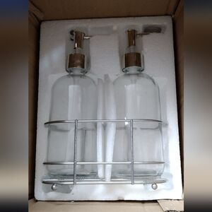 Elegant Glass Soap Dispenser Set In A Metal Caddy